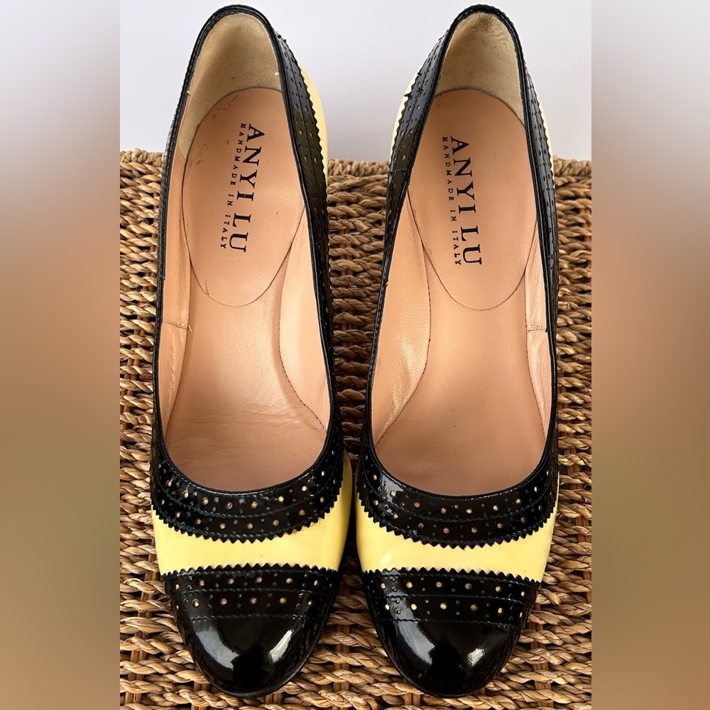 Anyi Lu Women’s Spectator Heels‎ Wingtip Brogue Detailing Patent Leather Sz 36.5